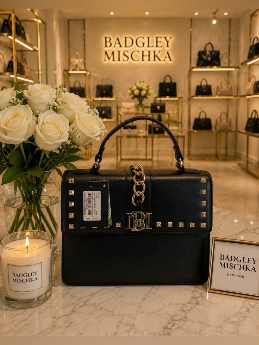 Badgley Mischka Black Leather Studded Top-Handle Satchel (NWT)
